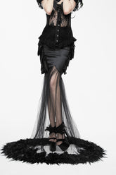 Jupe gothique longue en satin noir à queue de poisson en maille avec fleurs et plumes pour femme